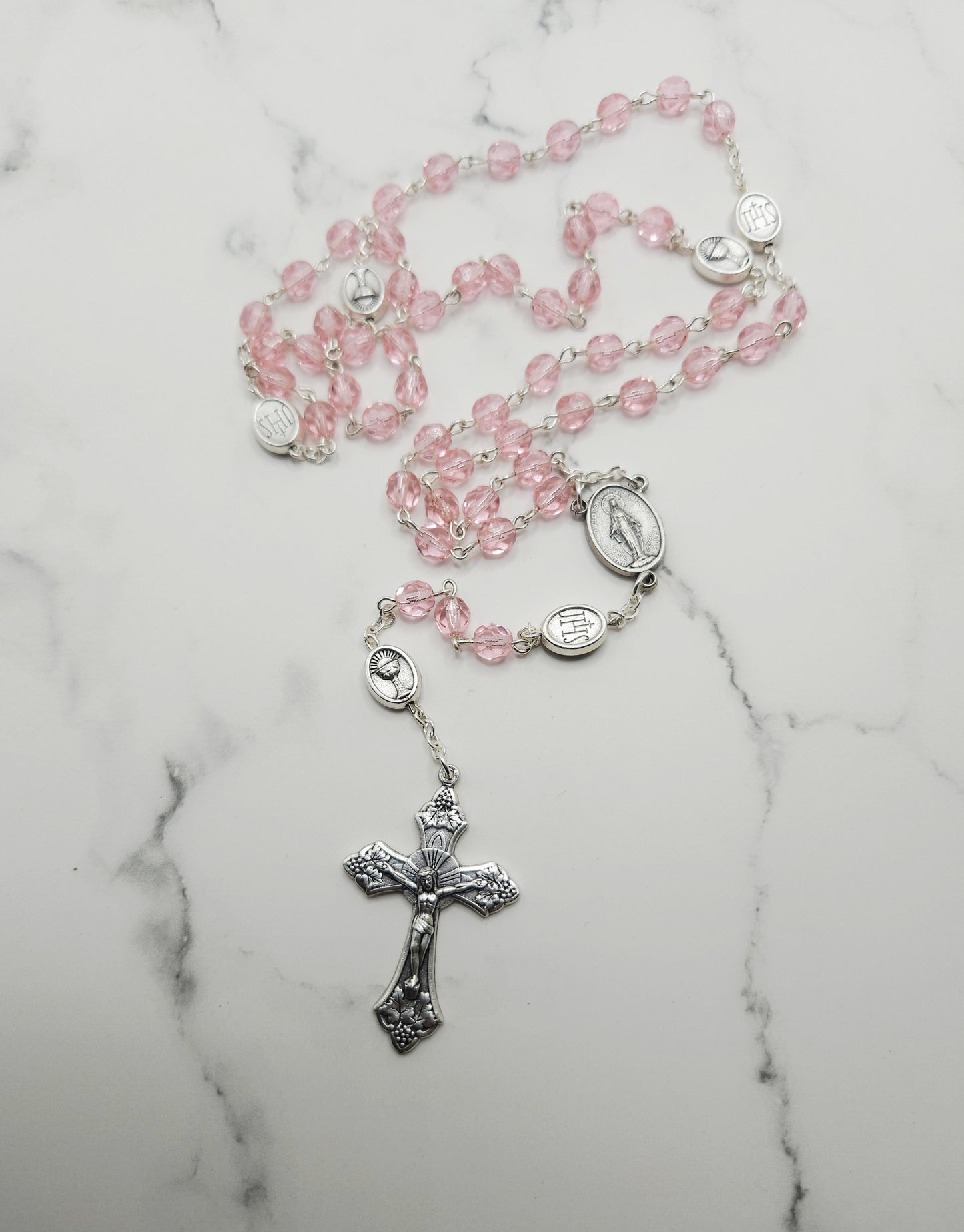 Rosary 6mm Oct Pink Glass with First Communion Pater Beads