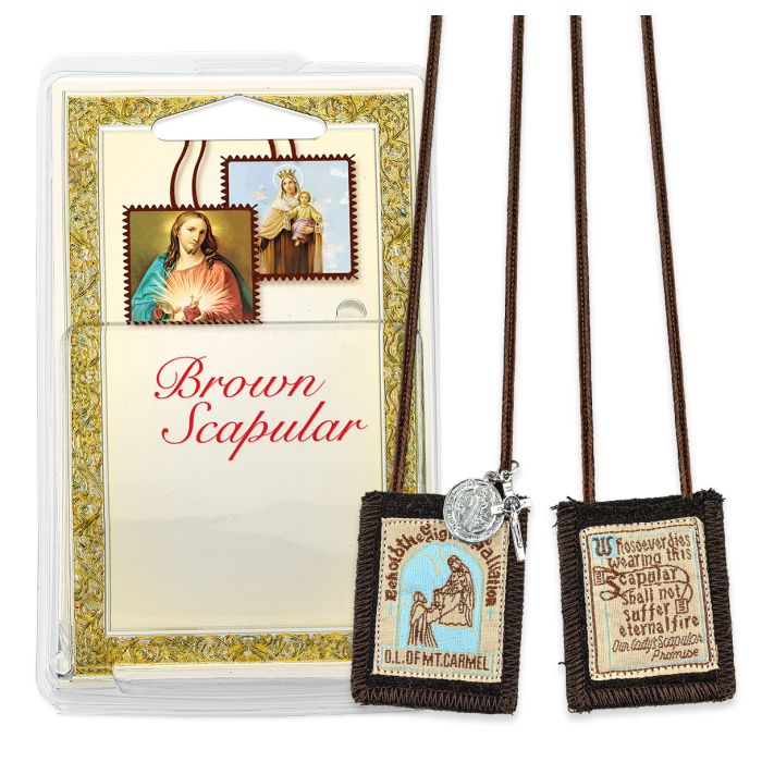 Our Lady of Mt Carmel Wool Scapular with St Benedict Medal and Crucifix