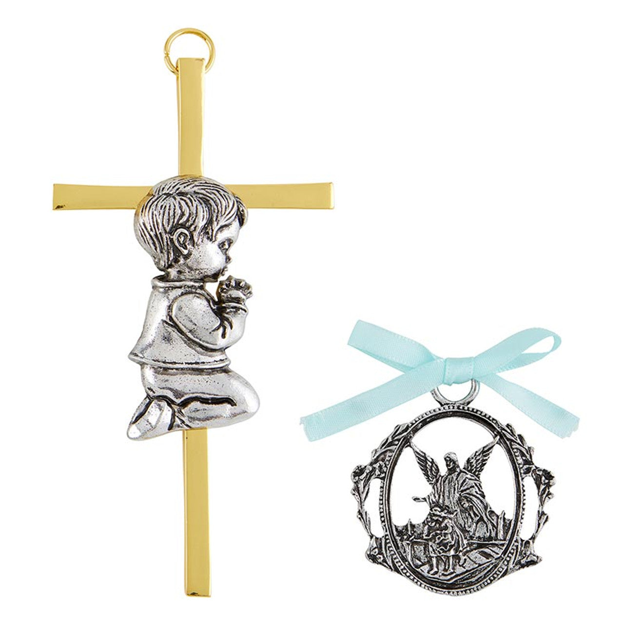 Baptism Boy Cross with Guardian Angel Crib Medal Set