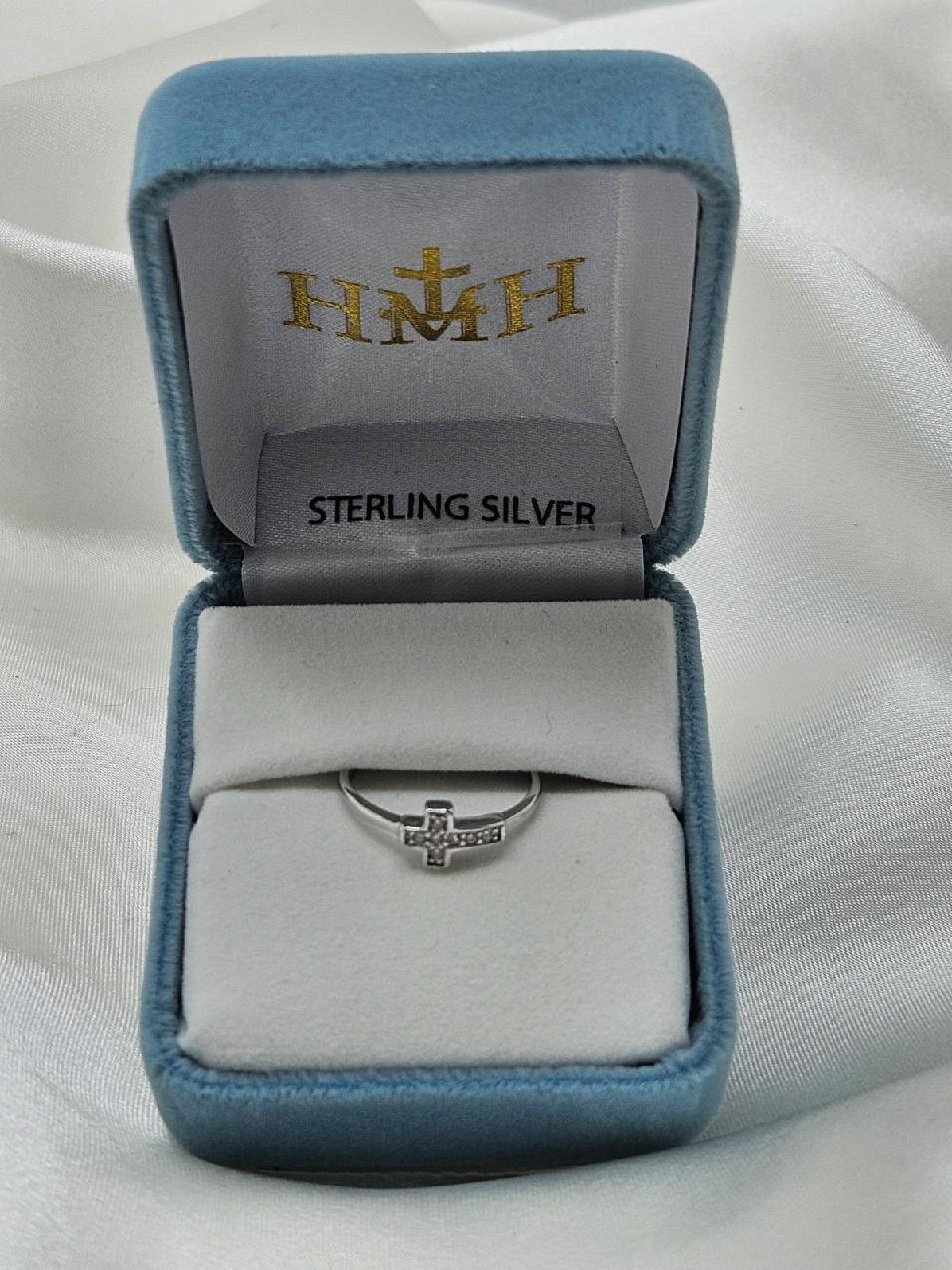 Sterling Silver Adjustable Cross ring with cubic zirconia stones