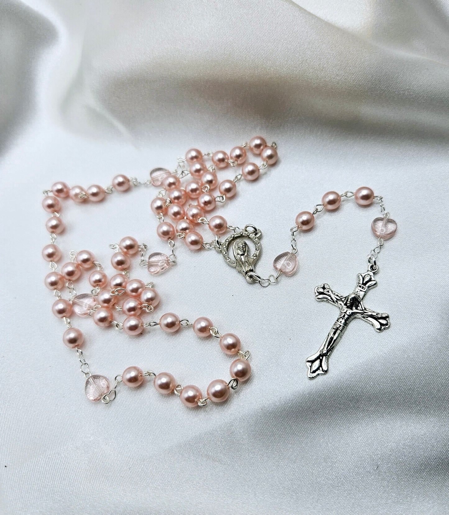 Delicate Pink Pearl and Heart Rosary