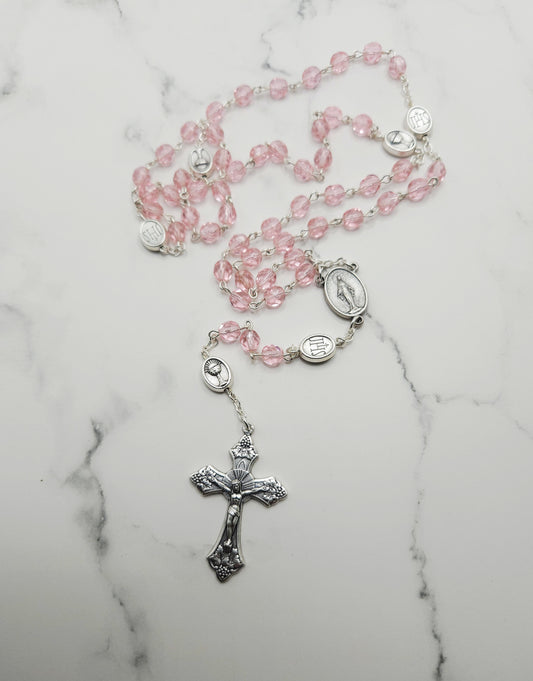 Rosary 6mm Oct Pink Glass with First Communion Pater Beads