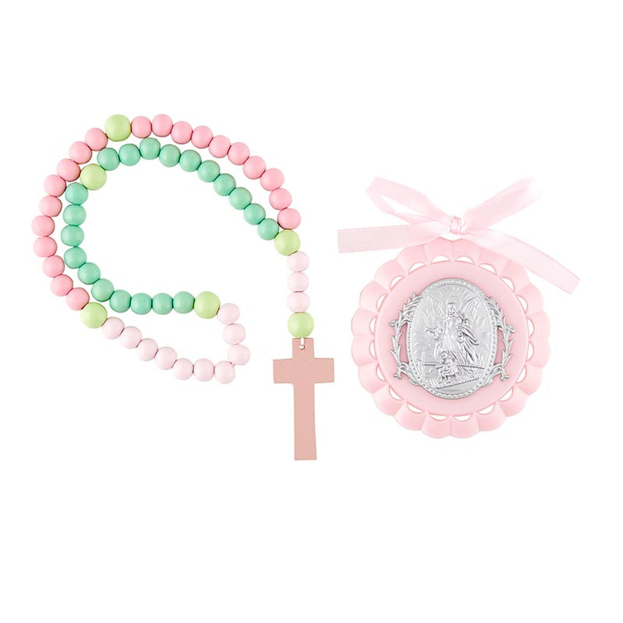Crib Medal - Crib Medal and Rosary Set Pink