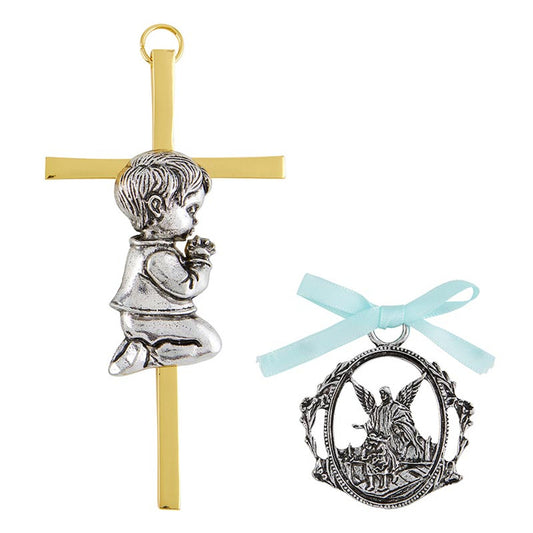 Baptism  Boy Cross with Guardian Angel Crib Medal Set