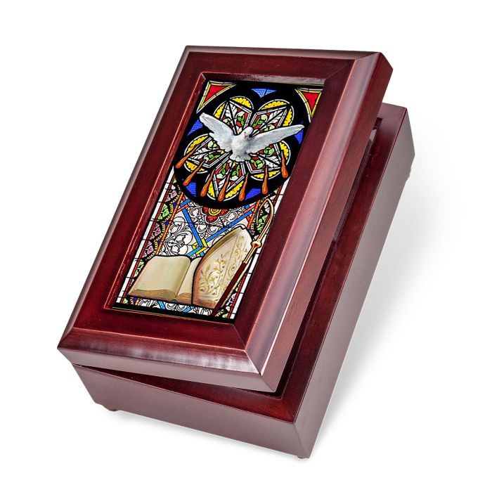 Mahogany Confirmation Stained Glass Music Keepsake Box