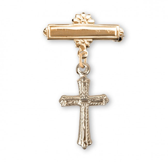 Baptism- Lapel Pin 16kt gold Plated bar with 16k gold over sterling with sm detailed cross