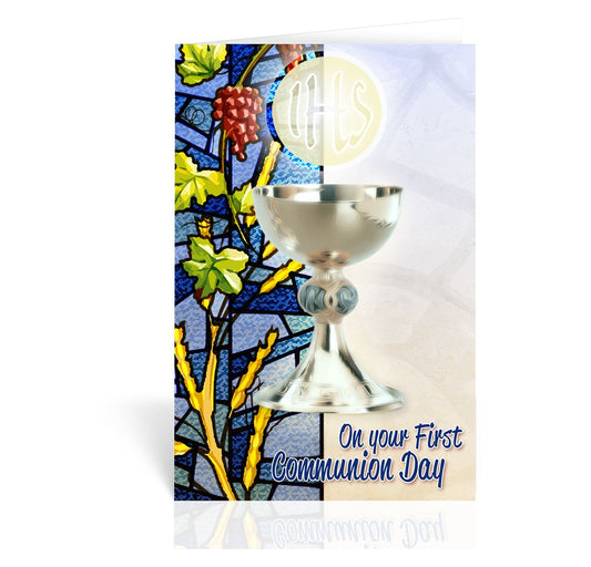 Greeting Card Chalice with Host and stained Glass Design