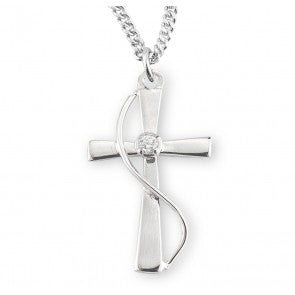 Sterling Silver Single Crystal Zirconia Cross Necklace 18"